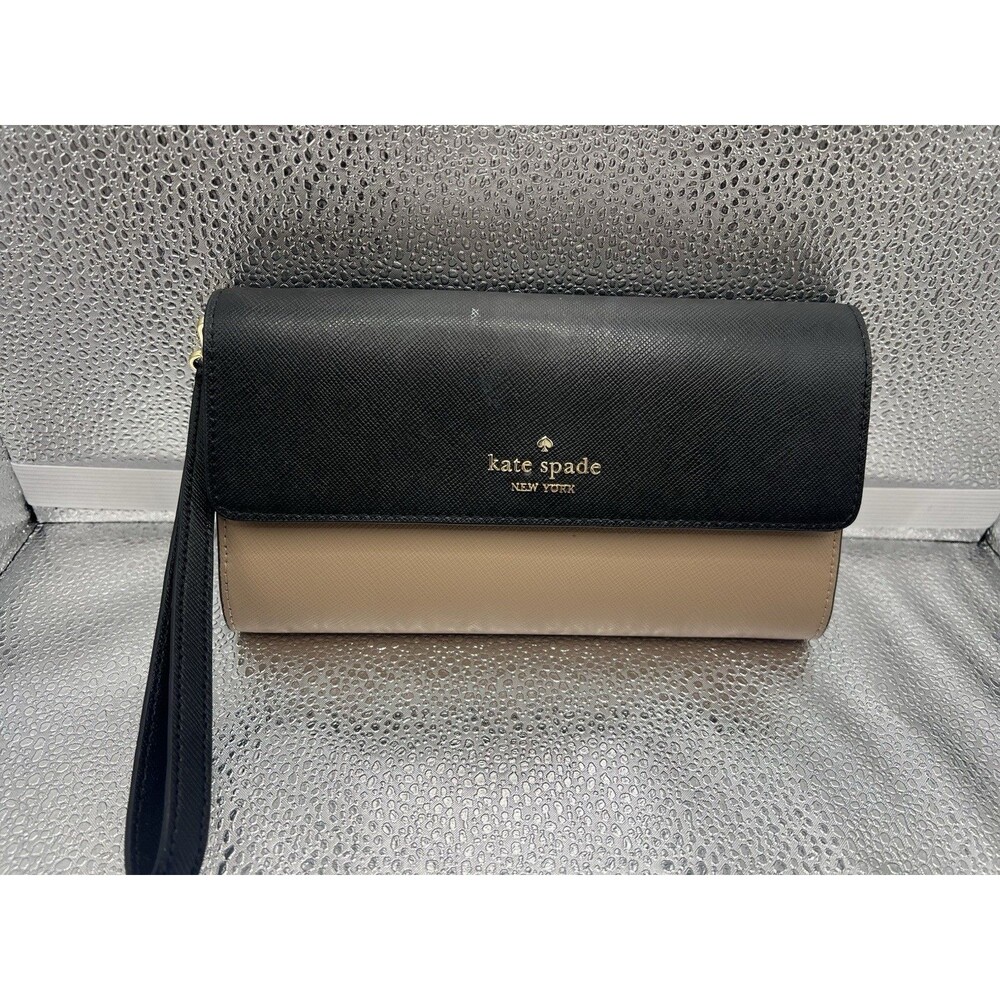 Kate Spade New York Madison Two Toned Black And Tan Leather Wristlet Clutch
